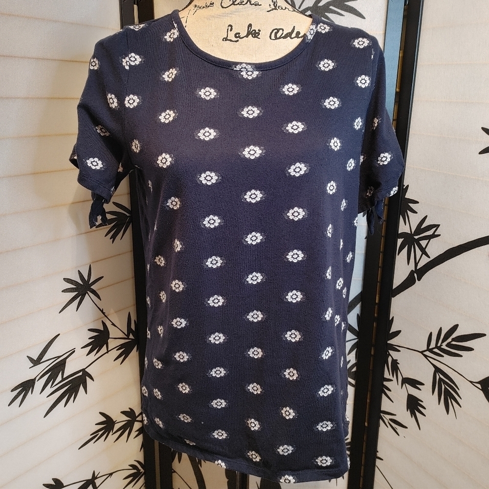 LOFT Navy Blue Floral Print Tie Sleeve Top Medium